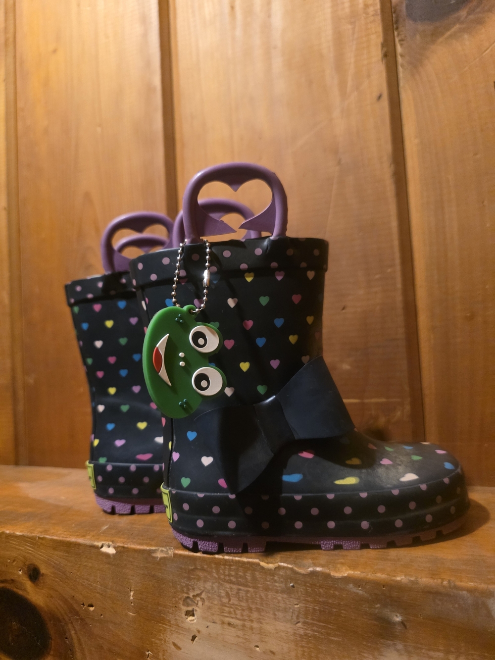 Kids Waterproof Heart Rain Boots with Bow - Black & Multi